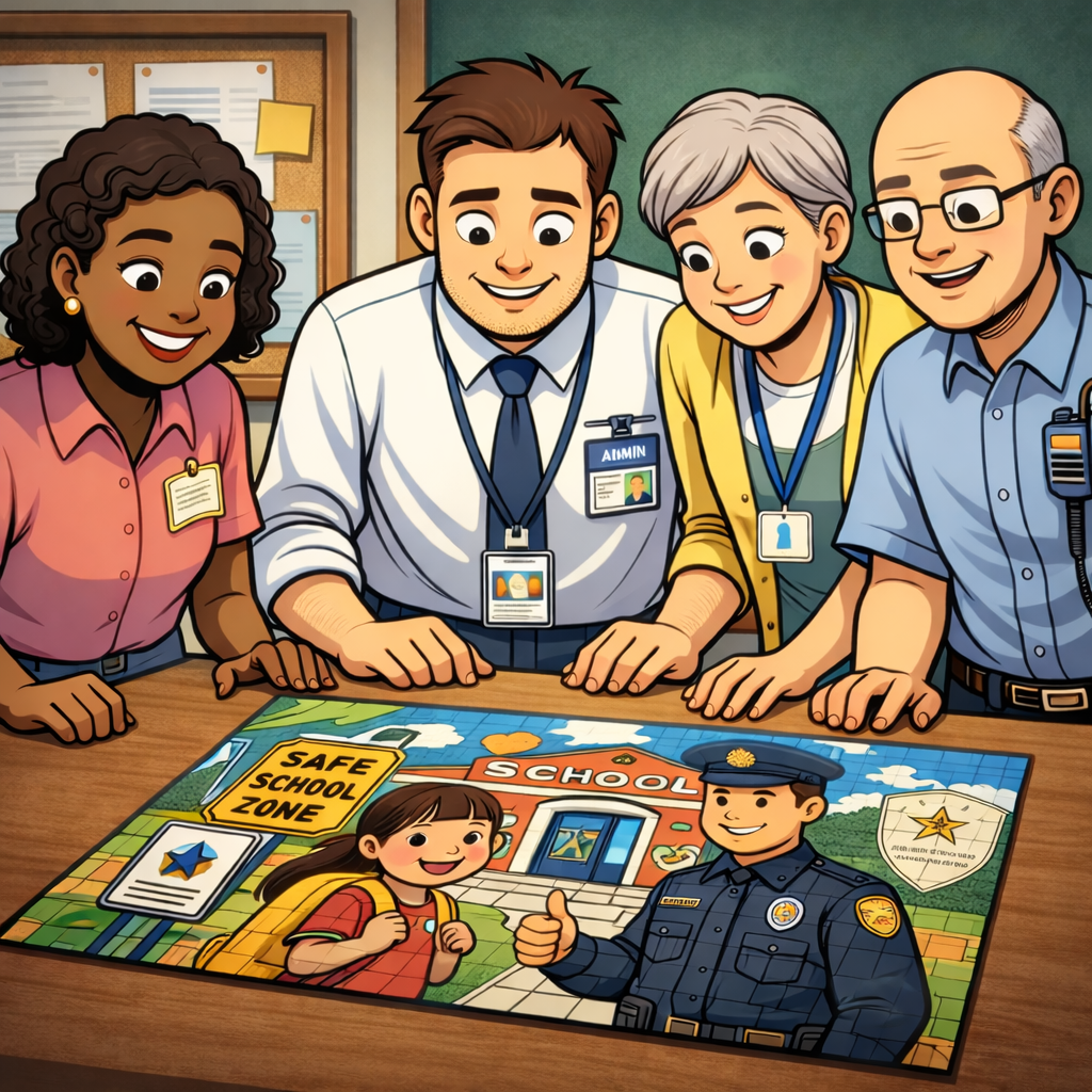 Admin and staff pleased with an assembled puzzle.