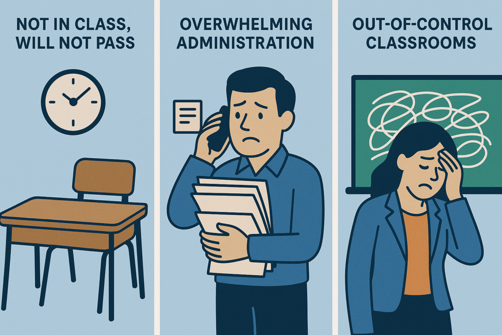 1. Not in class, will not pass; 2. Overwhelming administration; 3. Out-of-control classrooms