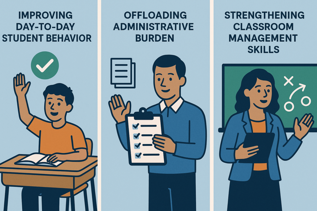 1. Improving day-to-day student behavior; 2. Offloading administrative burden; 3. Strengthening classroom management skills